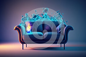 Wohndesign - Sofa vor Kamin blau,Octane Render ,hyperrealism, photorealism, photorealistic