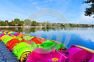 Wohrder See recreation area with brightly colored pedal boats, Nuremberg