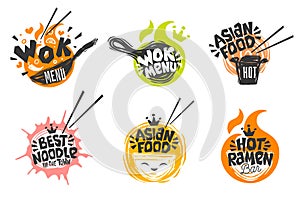 Wok asian food logo, Wok pan, plate, box, sticks, lettering, pepper, vegetables, Cook wok dish noodle ramen fire