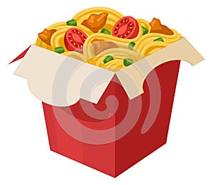 Wok cartoon icon. Paper box with fast food