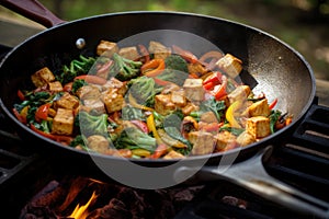 wok with crispy tofu and vibrant veggies on high heat