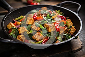 wok with crispy tofu and vibrant veggies on high heat