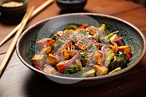 wok with crispy tofu and vibrant veggies on high heat