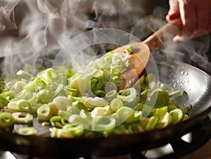 A wok filled with green onions cooks over a stove, the veggies sizzling and releasing their aromatic flavors