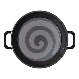 Wok frying pan, empty cookware bowl top view in cartoon style. Steel souspan, pot isolated on white background. object