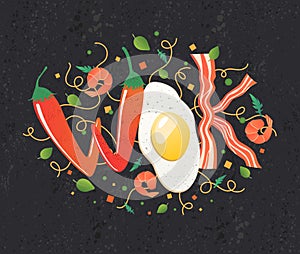 Wok logo for thai or chinese restaurant. Stir fry with edible letters. Cooking process vector illustration.