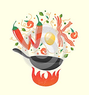 Wok logo for thai or chinese restaurant. Stir fry with edible letters. Cooking process vector illustration.