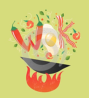 Wok logo for thai or chinese restaurant. Stir fry with edible letters. Cooking process vector illustration on green background.