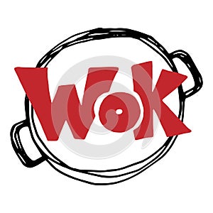 Wok logo typography text design in pan. Grunge lettering illustration. Fast food restaurant menu banner. Vector eps 10