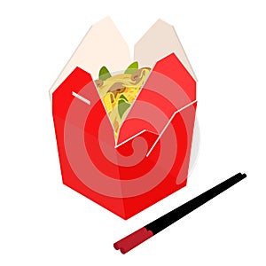 Wok noodles in blank cardboard box and chopsticks. Asian food delivery