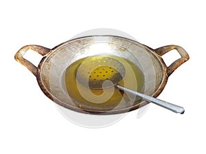 A wok with oil in it and a oil drainer, isolated with white background