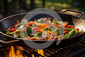 wok on an outdoor grill with stir-fried veggies