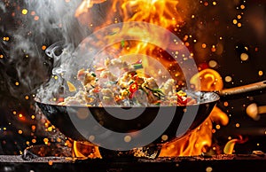 Wok pan as it tosses ingredients into the air, surrounded by blazing fire flames
