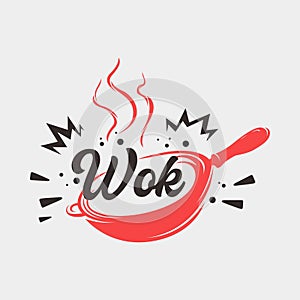 Wok pan illustration vector logo traditional frying pan griddle for noodle chinesse food