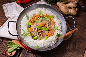 Wok pan with meat strips and vegetables photo