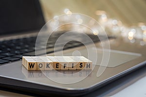 WOKEFISH online dating concept letter blocks on laptop keyboard