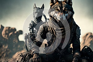 Wolf animal portrait dressed as a warrior fighter or combatant soldier concept. Ai generated