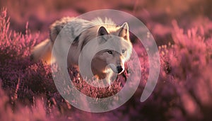 Wolf in autumn heath. AI generated.