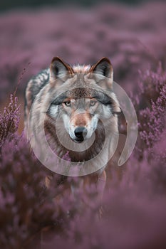 Wolf among heath. AI generated.
