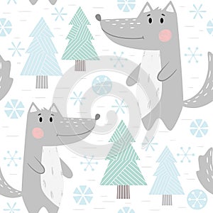 Wolf baby winter seamless pattern. Cute animal in snowy forest christmas print.