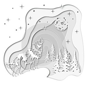 Wolf on the background of the winter forest, howling at the moon in the snow. For decoration and design. Template for laser