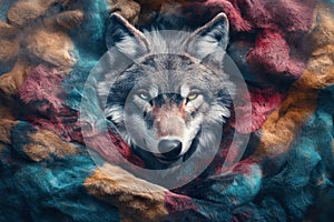A wolf is in a blanket with a blue, red, and yellow background