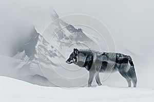 A wolf blended with the silhouette of a snowy mountain peak in a double exposure