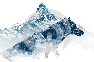 A wolf blended with the silhouette of a snowy mountain peak in a double exposure