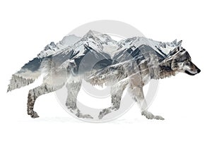 A wolf blended with the silhouette of a snowy mountain peak in a double exposure