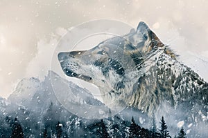 A wolf blended with the silhouette of a snowy mountain peak in a double exposure