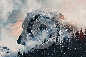 A wolf blended with the silhouette of a snowy mountain peak in a double exposure