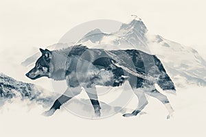 A wolf blended with the silhouette of a snowy mountain peak in a double exposure