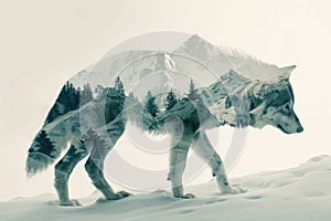 A wolf blended with the silhouette of a snowy mountain peak in a double exposure