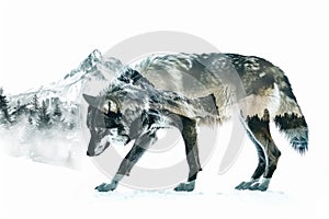 A wolf blended with the silhouette of a snowy mountain peak in a double exposure