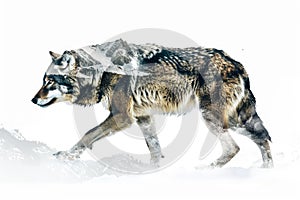 A wolf blended with the silhouette of a snowy mountain peak in a double exposure