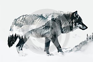 A wolf blended with the silhouette of a snowy mountain peak in a double exposure