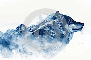 A wolf blended with the silhouette of a snowy mountain peak in a double exposure