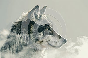 A wolf blended with the silhouette of a snowy mountain peak in a double exposure