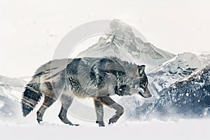 A wolf blended with the silhouette of a snowy mountain peak in a double exposure