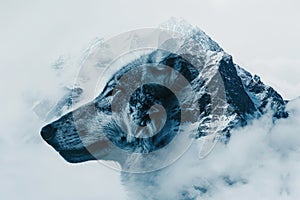 A wolf blended with the silhouette of a snowy mountain peak in a double exposure