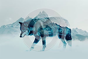 A wolf blended with the silhouette of a snowy mountain peak in a double exposure