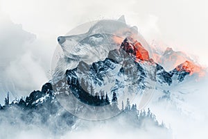 A wolf blended with the silhouette of a snowy mountain peak in a double exposure