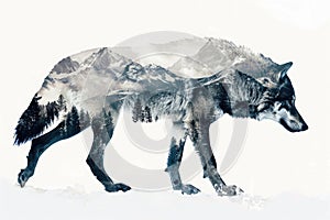 A wolf blended with the silhouette of a snowy mountain peak in a double exposure