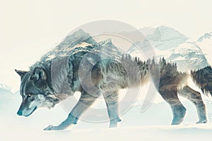 A wolf blended with the silhouette of a snowy mountain peak in a double exposure