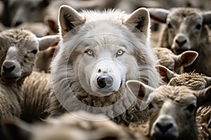 The wolf Canis lupus surrounded by a flock of sheep