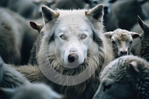 The wolf Canis lupus surrounded by a flock of sheep. Conceptual image