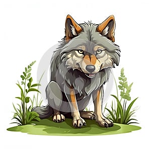 Wolf in cartoon style. Cute Wolf isolated on white background. Watercolor drawing, hand-drawn Fox in watercolor.