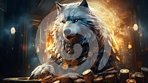 Wolf in casino makes bets illustration. Wolf casino. Horizontal format for banners, posters, games, advertising. AI generated