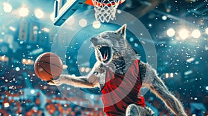 Wolf Character Slam Dunking a Basketball in an Energetic Stadium Scene, AI Generated