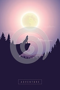 Wolf on a cliff howls at full moon mystic nature landscape